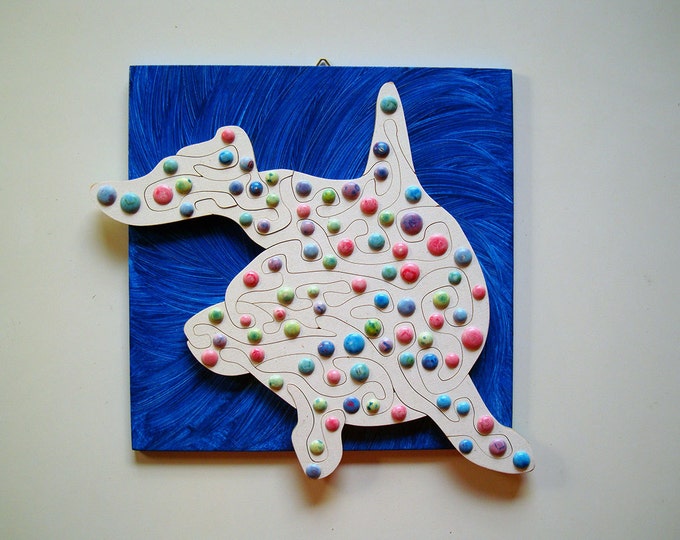 Dolphin Puzzle Art Play Heal, Ready to hang on the wall Smart toy Abstract Challenging Gift Handmade Acrylic on Wooden Pieces, by Samo Svete