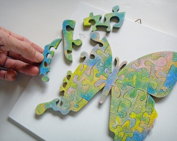 Unique Handmade Puzzle; Butterfly, Wooden Art, Smart Toy, Waldorf, Healing Art, Family Gift, Ready To Hang, Acrylic On Pieces by Samo Svete