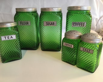 Set of 5 Hoosier Green Glass Canisters/Shakers Salt, Pepper, Tea, Flour, Sugar, & Coffee