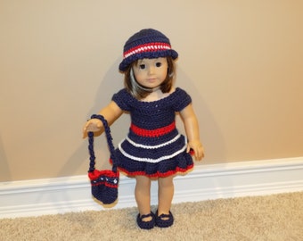 Navy blue doll dress, with hat and purse, Crochet doll clothes, Made in Canada