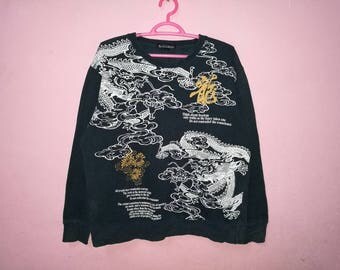 Rare!! Sukajan Dragon Big Print Spellout Pullover Jumper Sweatshirt Size L