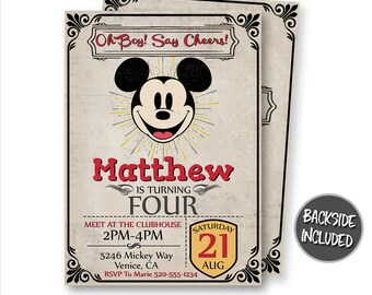 Mickey Mouse Birthday Invitation, Mickey Mouse Invitation, Bear, Mickey Invites, Classic Mickey Mouse, Vintage, Personalized, Printables