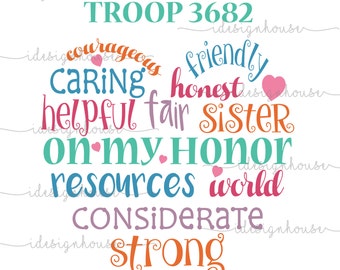 Girl Scout Custom Troop Number SVG PNG Vector Cut file for Cricut Silhouette DIY T-Shirt Heart Design On My Honor Courageous Friendly