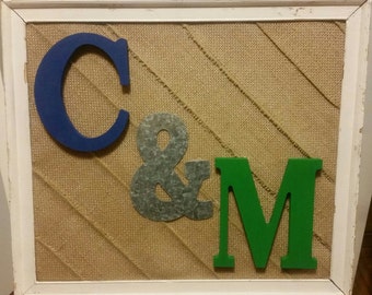 Personalized handmade frames with burlap and customized colored initials