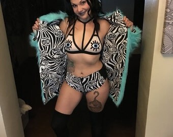 Turquoise Psychedelic Faux Fur Coat
