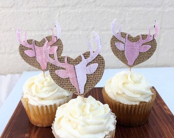 Set of 12 Burlap Hearts and Pink Deer Antlers Cupcake Toppers