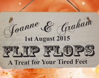 PERSONALISED Wedding FLIP FLOP Wooden Sign - Shabby Chic - Rustic White/Natural