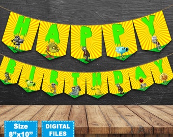 Plants vs zombies banner, plants vs zombies birthday banner, plants vs zombies party, plants vs zombies instant download, party supplies.
