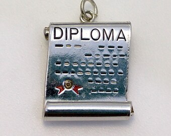 Vintage WELLS Sterling Diploma Scroll Graduation Charm or Pendant 925