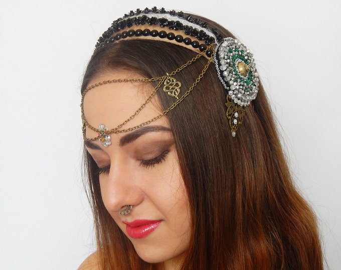 Tribal headdress, brown bronze headpiece, tribal belly dance accessories, tribal headband, tribal costume, medieval fairy fantasy headpiece