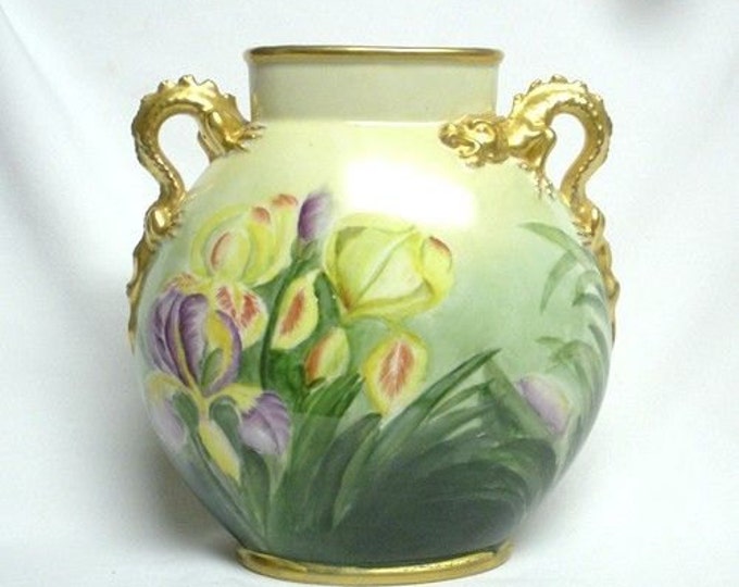 Rare Antique Jean Pouyat Limoges Pillow Vase With Dragon Handles