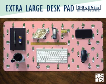 Tiny Cacti Print Large Desk Pad - Choose Your Base Color! 36x18" - Extra Large Mouse Pad - Mouse Mat - Extended Mouse Pad - Desk Accessory