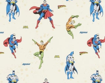 Superheroes fabric - Superman fabric - Batman fabric - Aquaman fabric - DC Comics fabric - children's fabric - cream cotton fabric