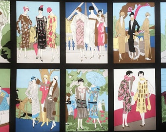 Flapper girls fabric panels - 1920s Art Deco ladies fabric - fabric panels - vintage fabric - Art Deco home - Art Deco fabric