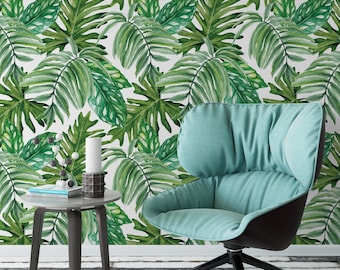 Palm leaf removable wallpaper / monstera leaf self adhesive wallpaper / botanical banana leaf temporary wallpaper B127-27