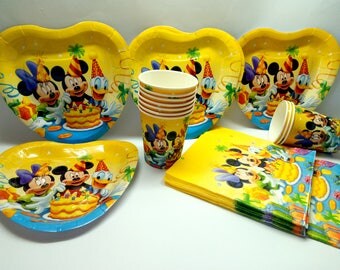 SALE! Mickey Mouse paper tableware. Paper plates, cups, napkins for children's holiday. Set for children's holiday, party or birthday.