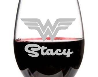 Wonder Woman , Wine Glass, Stemless Wine Glass, Personalized