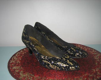 Vintage Shoes Black And Gold Glittery Renato High Heels 8.5 M