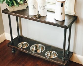 Verona Style Raised Dog Feeder Built into Industrial Style Console Table. Perfect for smaller mid-sized to mid-sized dog.