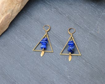 With triangles and lapis lazuli earrings