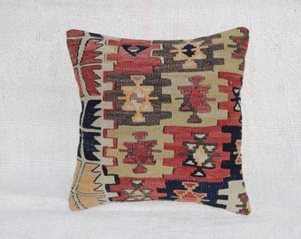 Decorative Anatolian Rug Pillow,Kilim Pillow,Tribal Pillow,Cushion Cover,Ethnic Pillow,Sofa Decor Pillow,16"x16"inches,40x40 cm