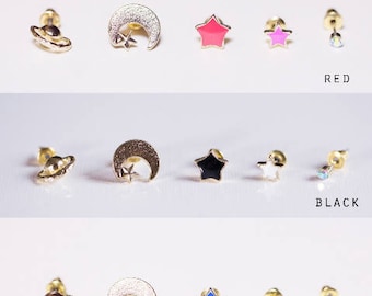 Space studs earrings-set of 5-tiny-mini-jewelry-earth-half moon-stars-space-unique-earrings/crystal