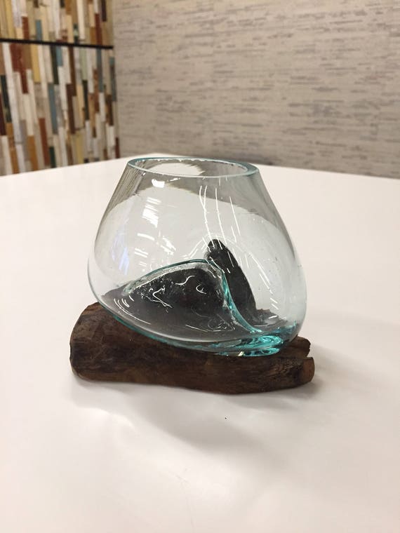 Small HandBlown Molten Glass On Driftwood Base Sculpted