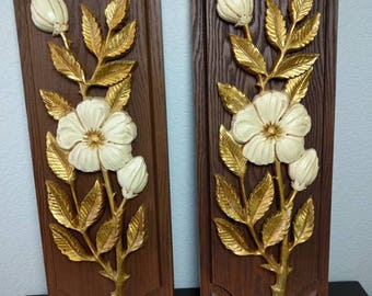 Free Shipping• Syroco style Vintage Wall Art Pair, Gold Dogwood Flower
