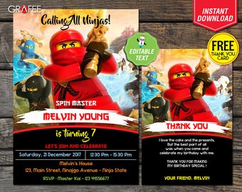 Lego Ninjago Invitation 5x7 - EDITABLE Text - Lego Ninjago Birthday Party Card - Instant Download - Lego Ninjago Customize - Free Thank Card