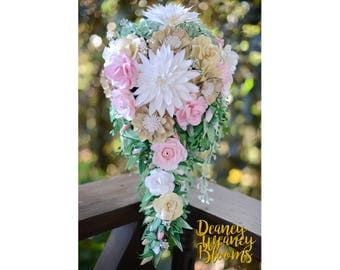 Cascading Paper Flower Bouquet, bridal paper flowers bouquet, forever flowers, beautiful cascading bouquet for wedding, paper crafting obra