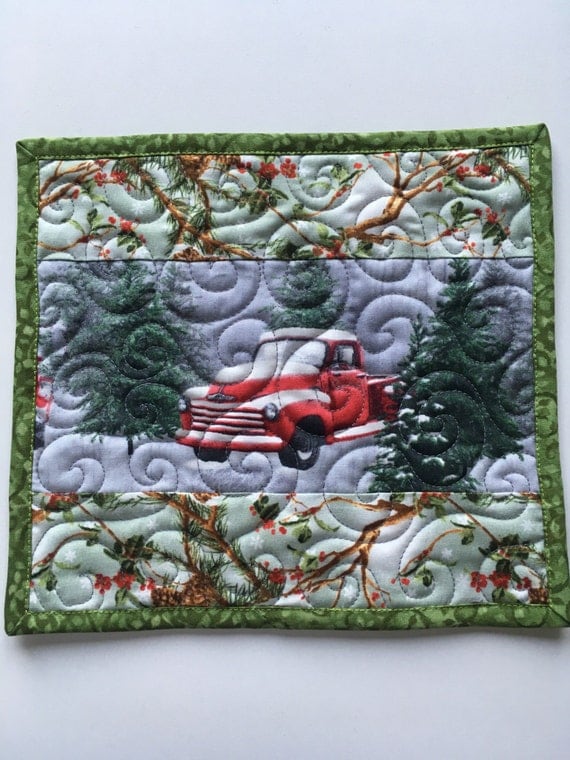 Christmas Mug Rug Red Truck Small Quilt Large by Pamelaquilts