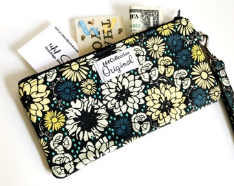 Navy Blue Flowers Wristlet Wallet, Navy Blue Wallet Wristlet, Navy Wallet, Fabric Wristlet, Zipper Wallet, Fabric Wallet, iPhone Wristlet