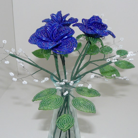 Beaded Flowers Bouquet Three Medium Blue Roses With Baby's