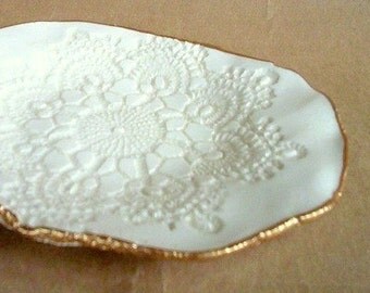 Ceramic Lace OFF WHITE Trinket Dish edged in gold