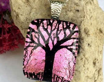 SALE Dichroic Glass Pendant Hand Etched Pink Tree - Studio Clearance