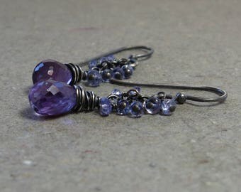 Amethyst Earrings Tanzanite Cluster Purple, Lilac, Lavender Oxidized Sterling Silver February Birthstone Earrings