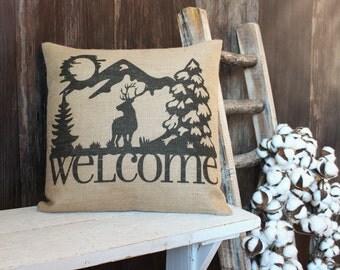 Rustic Style Elk Welcome Burlap Throw Pillow W And Mountains For Cabin Hunting Lodge Rustic Style Elk Welcome Burlap Throw Pillow W And Mountains For Cabin Hunting Lodge