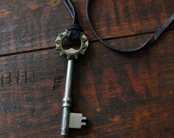 Steampunk Key - Mens Skeleton Key Necklace- Vintage Skeleton Key - Leather Key Necklace - Gear Necklace - Mens Key To My Heart Necklace