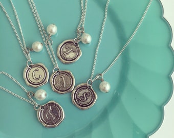 Initial Necklace for her, Wax Seal Necklace, Letter Necklace, Silver Initial necklace, Bridesmaid gift ideas