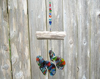 Multicolor Glass Wind Chime with Driftwood,Rainbow Windchime,Glass Chimes, Rainbow Wind Chime