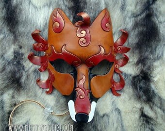 READY TO SHIP Flaming Kitsune Mask... Japanese Fox Leather Mask masquerade costume Halloween Mardi Gras Burning Man