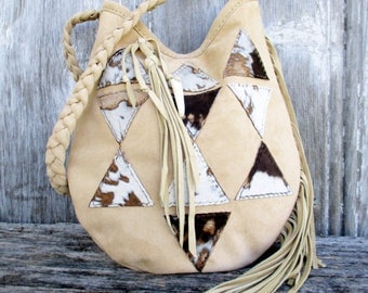 Geometric Triangle Suede Leather Shoulder Bag by Stacy Leigh in Beige