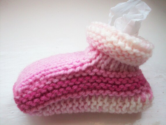 Vegan baby booties - fun, hand knitted, modern variegated pink colours, classic style