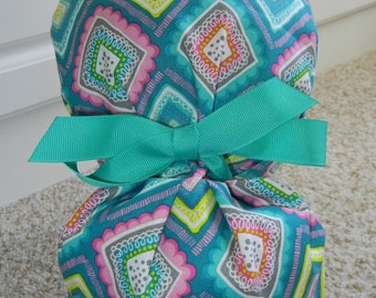 Turn Up Ponytail Scrub Hat with Teal Whimsical Diamonds
