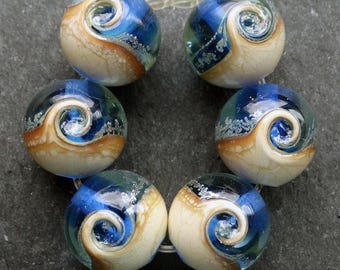 Lampwork Beads Rounds (6) Encased Blue Ocean Wave