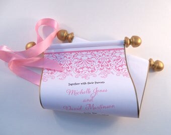 Moroccan Wedding Invitation, Boho chic wedding invitation, Invitation Scroll, Pink and Gold Wedding, Spring Wedding, set of 25