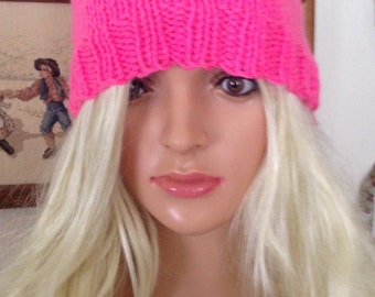 Pussy Hat Hand Knit-Adult Hat-Colors- Hot Pink-pale Pink- Black-Grey-Red