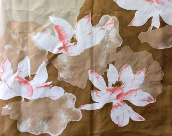 Vintage Vera Scarf. Pink and white flowers on tan, vintage 1970s square.