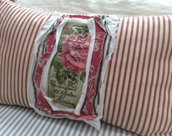 PaRiS French ReD Pillow Ticking FEATHER Down Cottage Shabby Chic Distressed 12x20 Insert