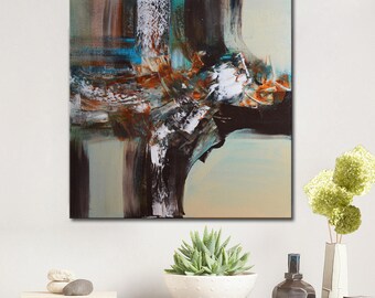 Cream blue black Abstract Painting, original Painting, abstract unique one of a kind wall decor, painting on canvas, beige artwork square